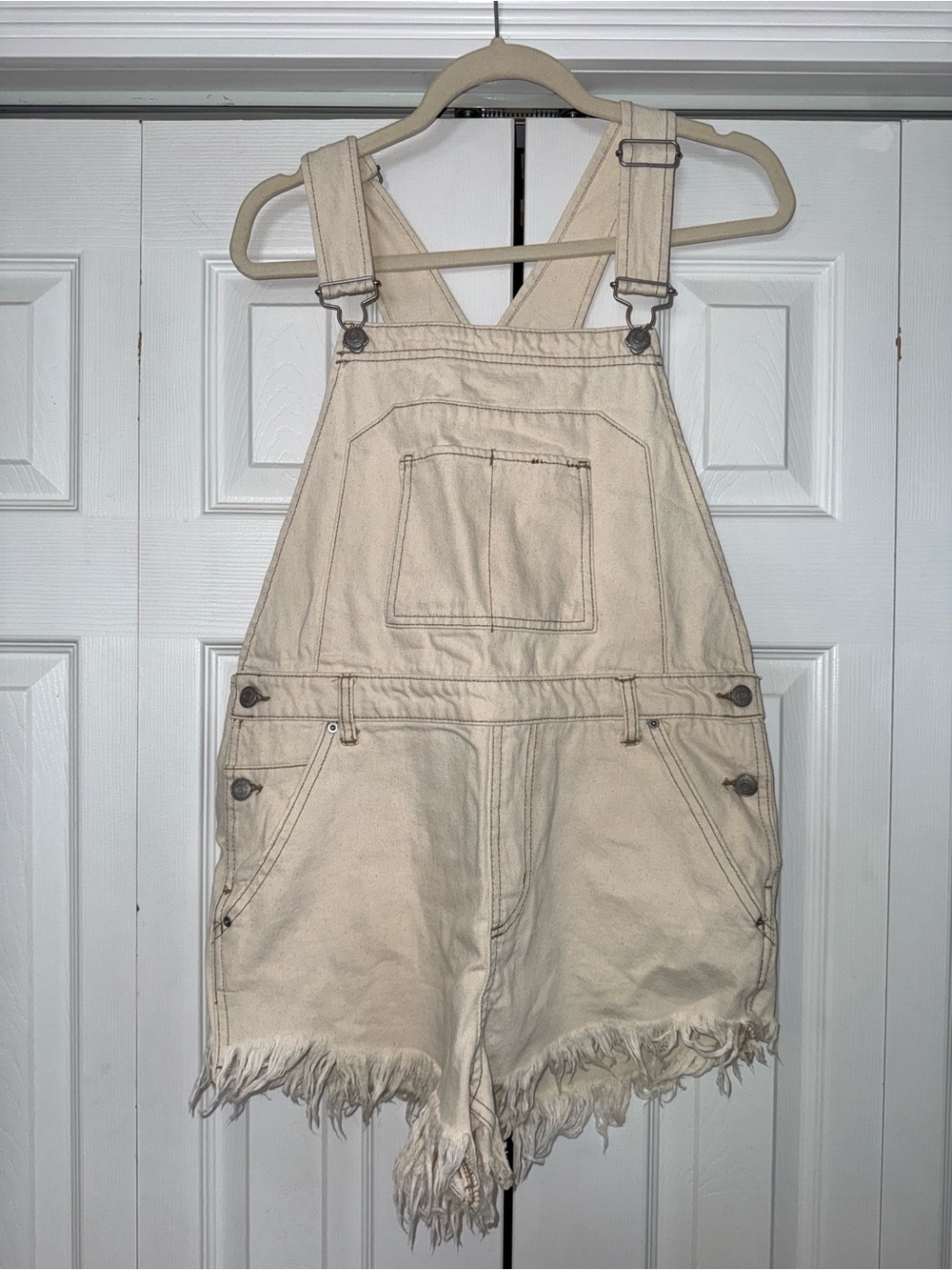 Target Wild Fable Cream Denim Fringe Frayed Short Overalls
